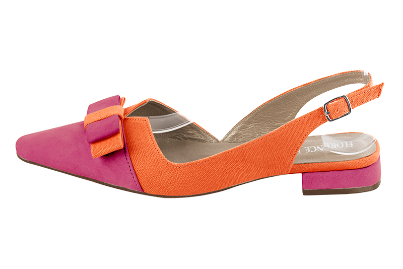 Fuschia pink and clementine orange women's open back shoes, with a knot. Tapered toe. Flat block heels. Profile view - Florence KOOIJMAN